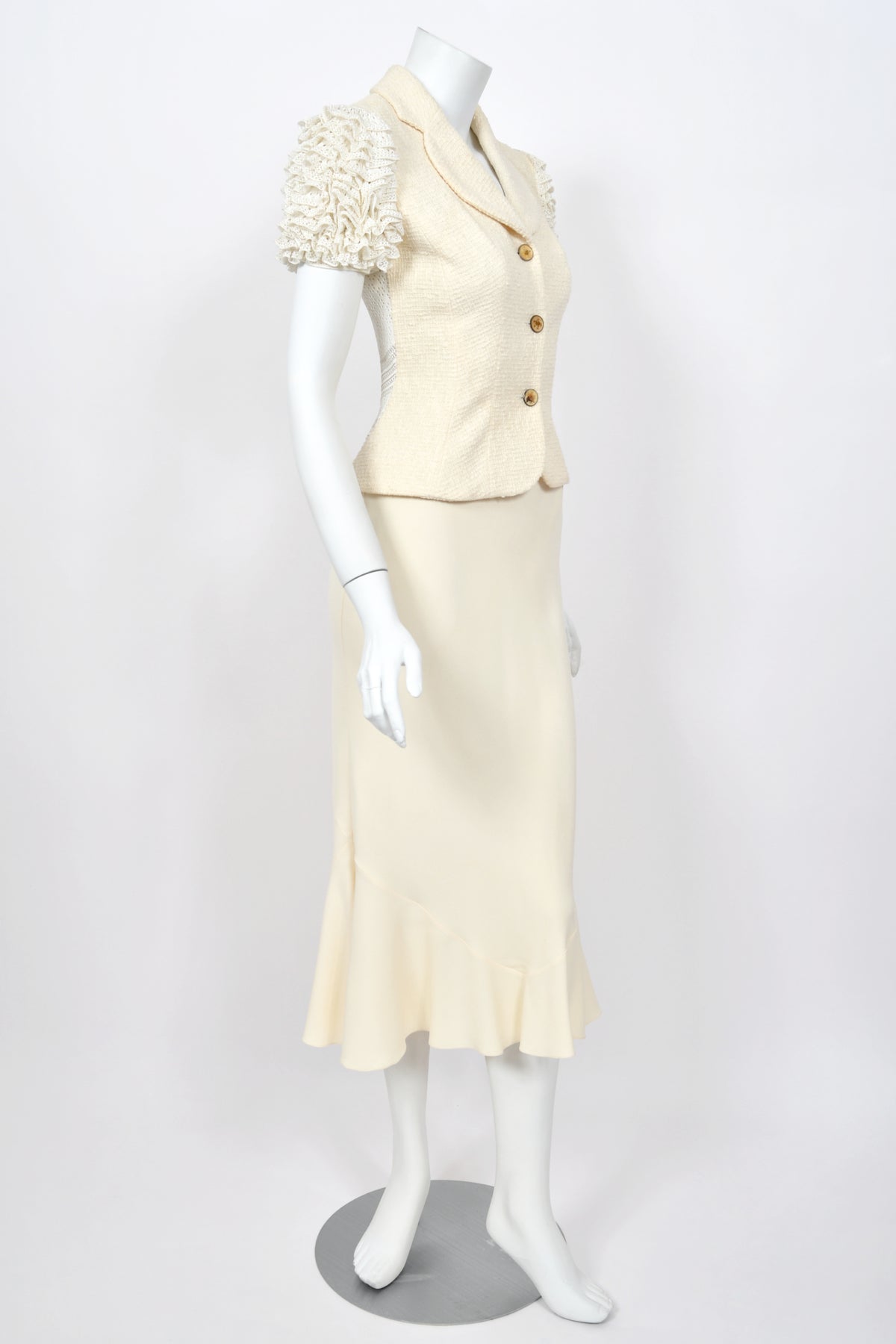 1998 John Galliano ‘Haute Bohème’ Collection Ivory Knit Ruffle Sleeve Jacket &amp; Bias-Cut Skirt Set w/Tags