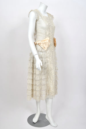 1920's Sheer Ivory Embroidered Floral Motif Net-Tulle Tiered Ruffle 'Robe de Style' Dress