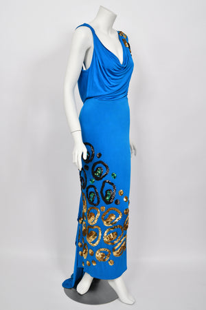 2007 John Galliano Ocean Blue Sequin Viscose Draped Backless Hourglass Gown