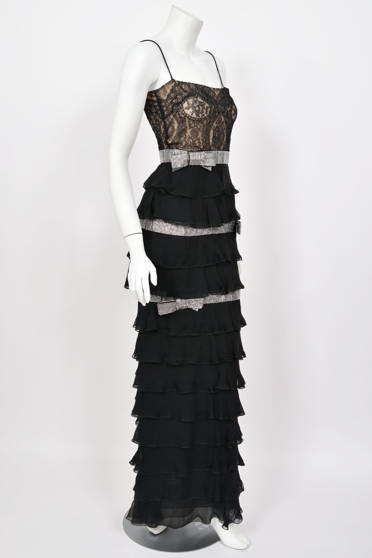 2007 Valentino Runway Black Sheer Silk &amp; Lace Illusion Crystal-Bows Tiered Gown