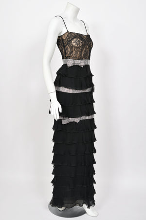 2007 Valentino Runway Black Sheer Silk & Lace Illusion Crystal-Bows Tiered Gown