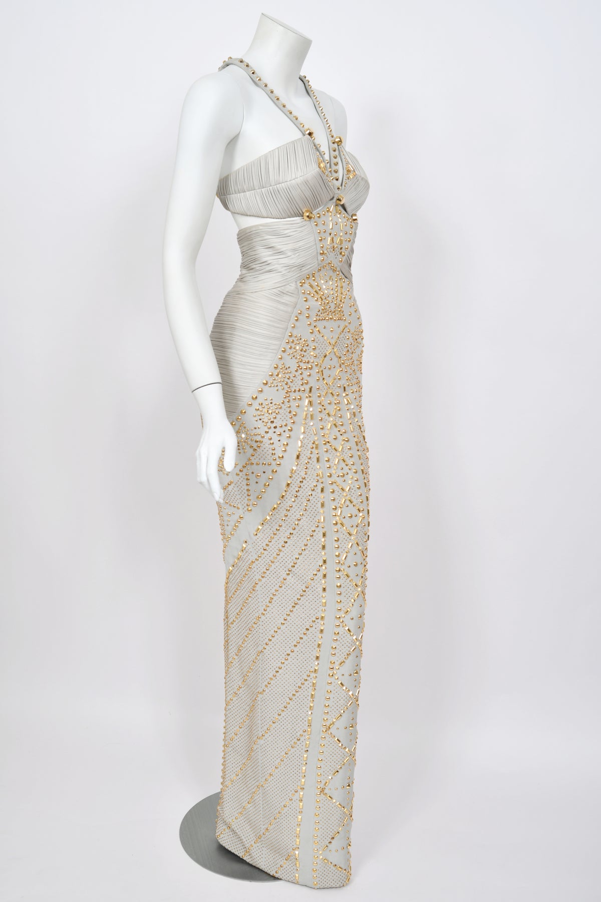 2012 Versace Runway Gold Studded Pale Dove Gray Silk Jersey Hourglass Gown