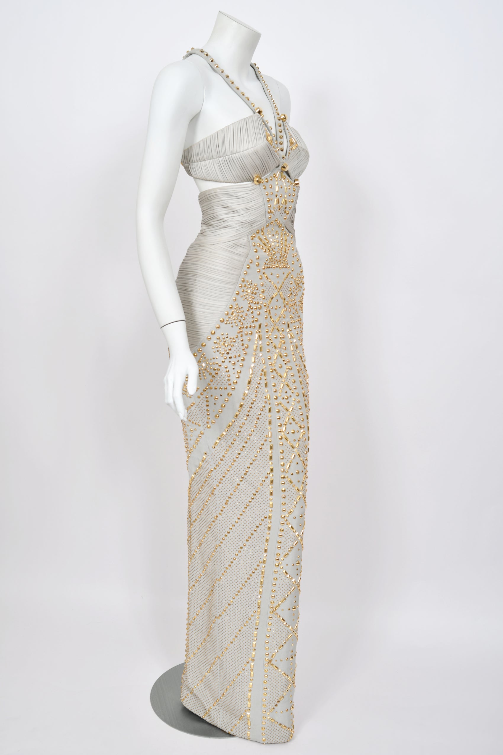 2012 Versace Gold Studded Pale Dove Gray Pleated Jersey Hourglass Gown - Timeless Vixen 2012 Versace Gold Studded Pale Dove Gray Pleated Jersey Hourglass Gown - Timeless Vixen