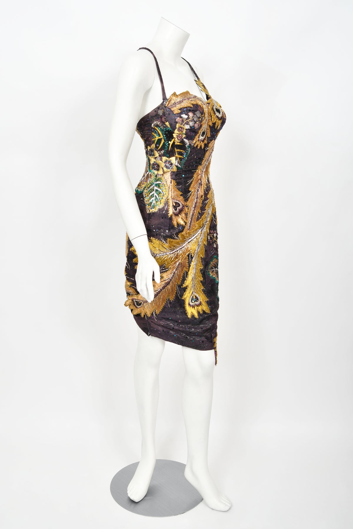 1970&#39;s Embroidered Peacock Motif Beaded Silk Couture Dance Dress