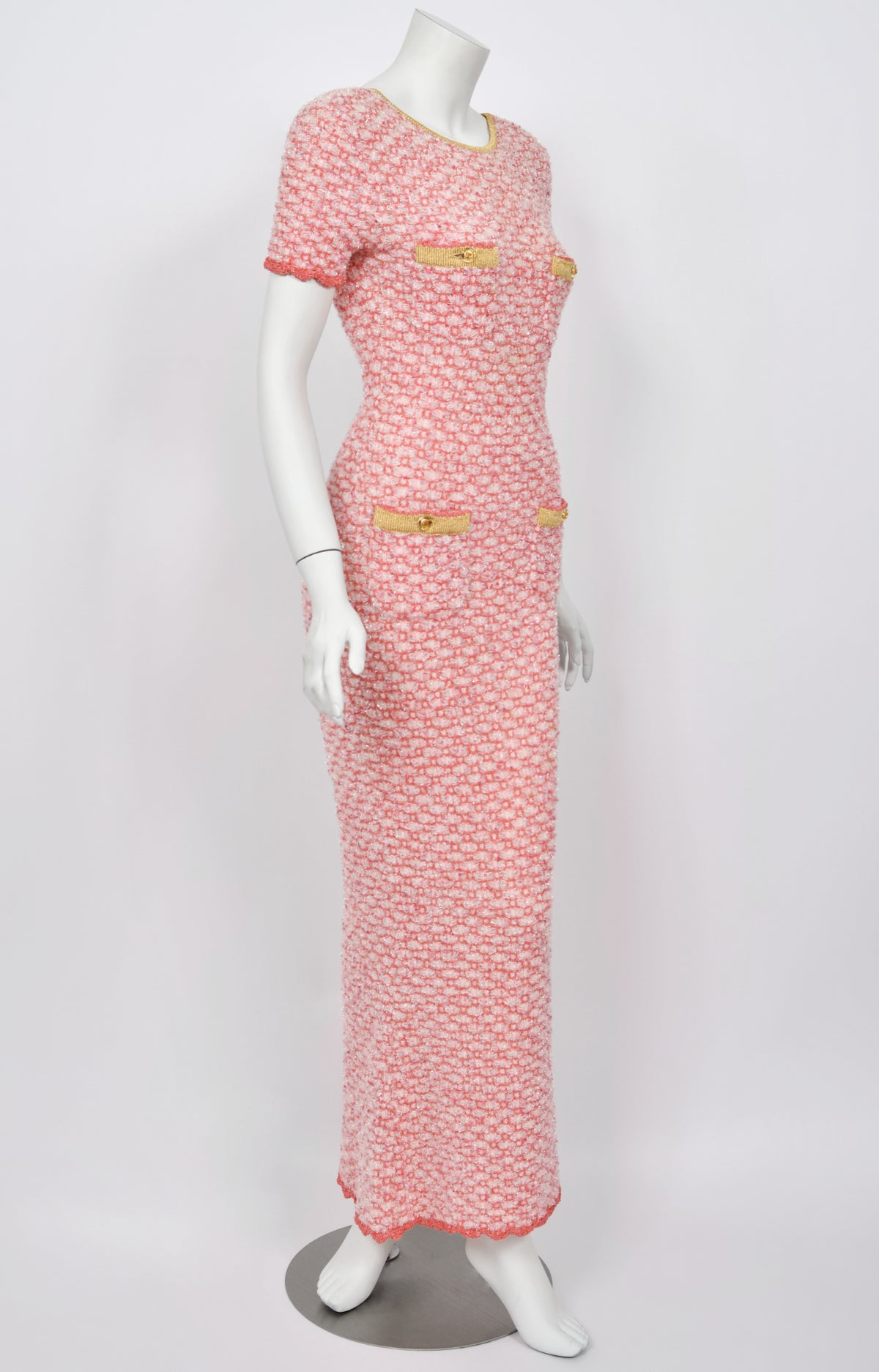 1997 Chanel by Karl Lagerfeld Runway Metallic Pink Stretch Knit Maxi Dress