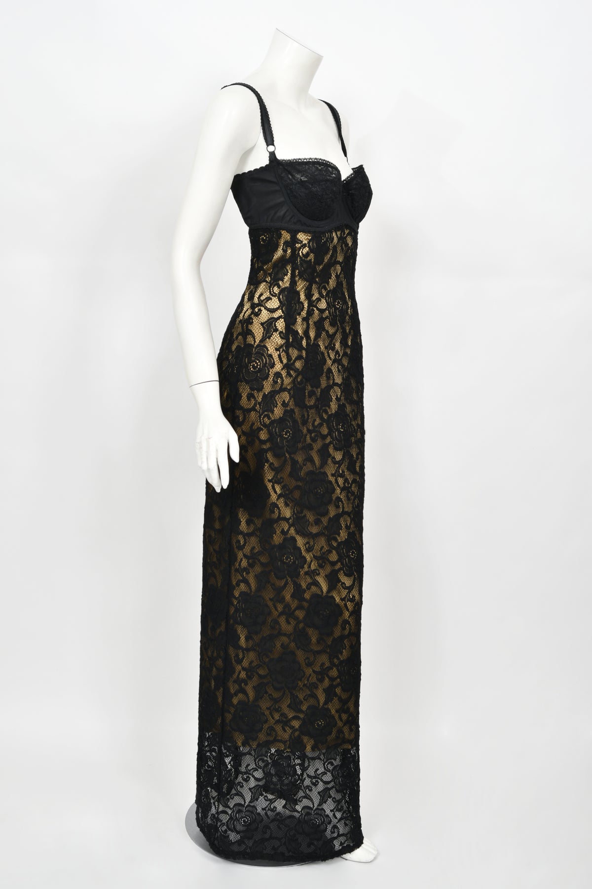 1997 Dolce &amp; Gabbana Sheer Black Stretch Lace Built-In Bra Slip Gown