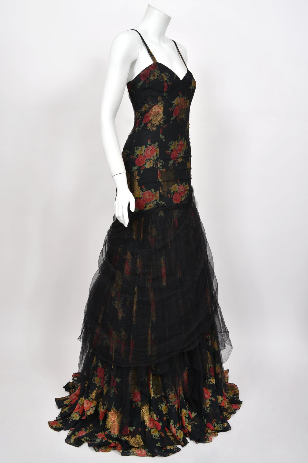 2010 Ralph Lauren Runway Metallic Floral Silk & Black Sheer Tulle Hourglass Mermaid Gown