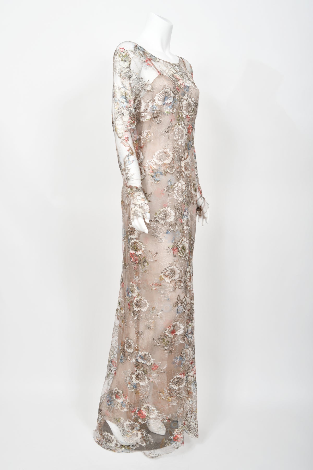 Iconic 2011 Chanel Runway Vogue Rihanna Editorial Sheer Metallic Lace Gown