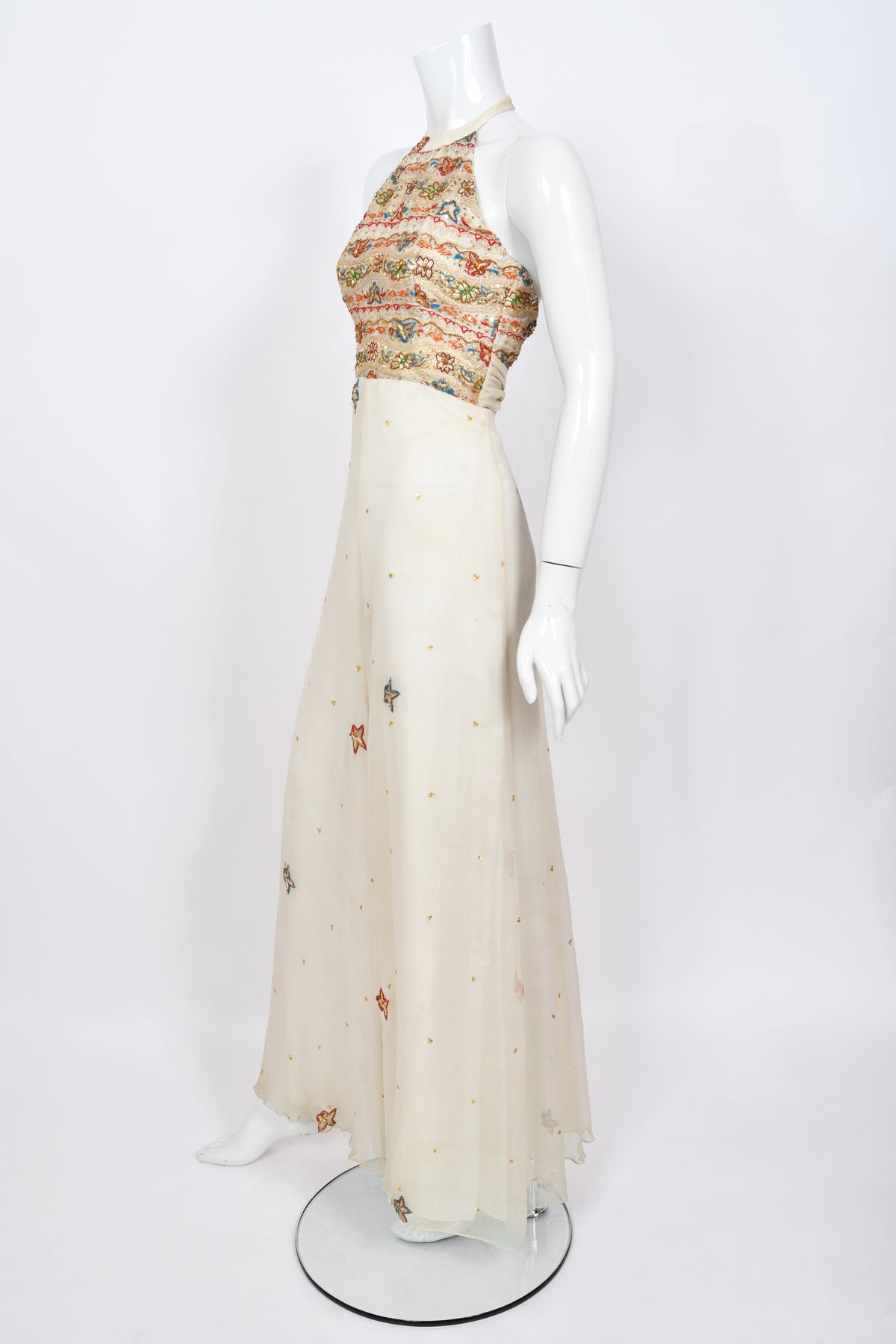 1979 Thea Porter Couture Metallic Gold Embroidered Ivory Silk-Chiffon Halter Gown