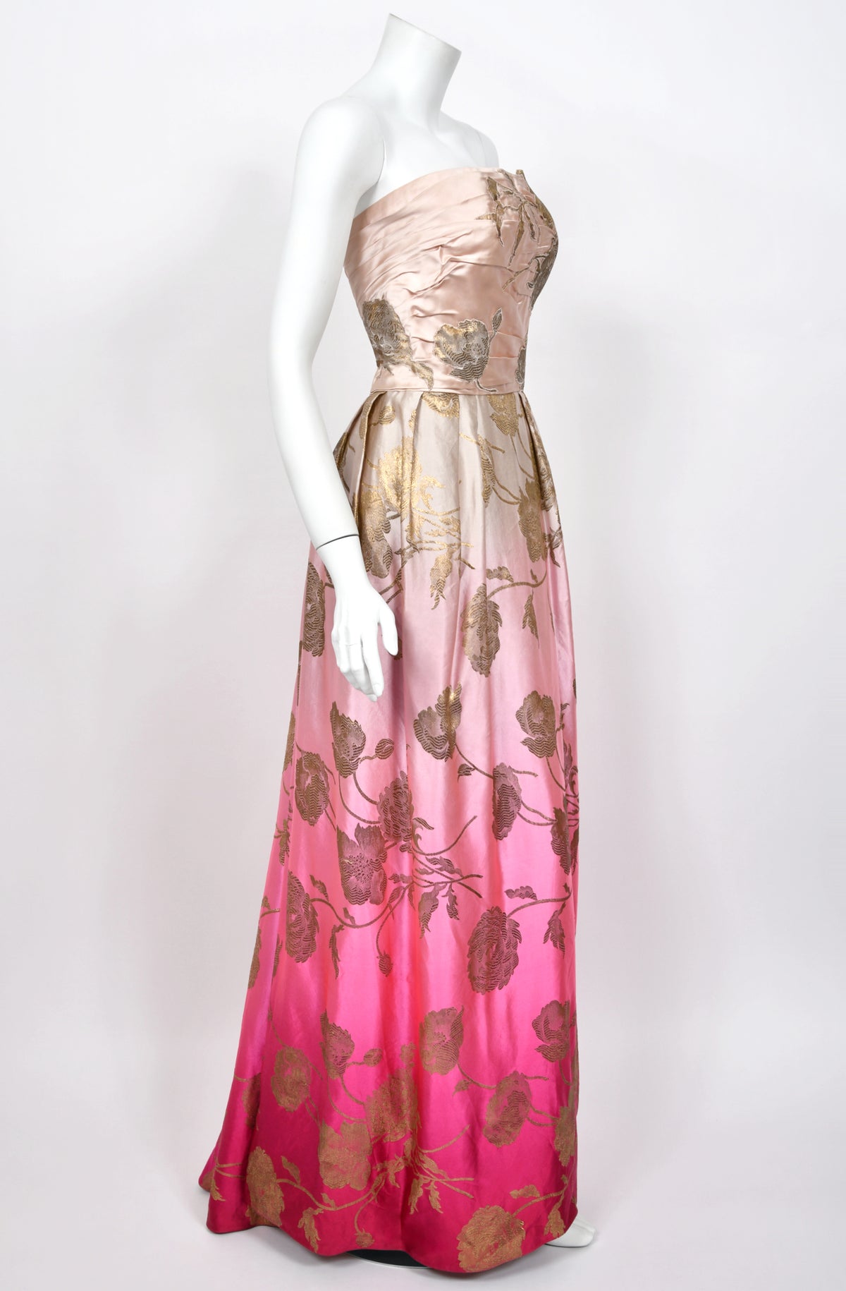 1950’s Philip Hulitar Couture Metallic Floral Ombré Pink Silk Satin Appliquéd Strapless Gown