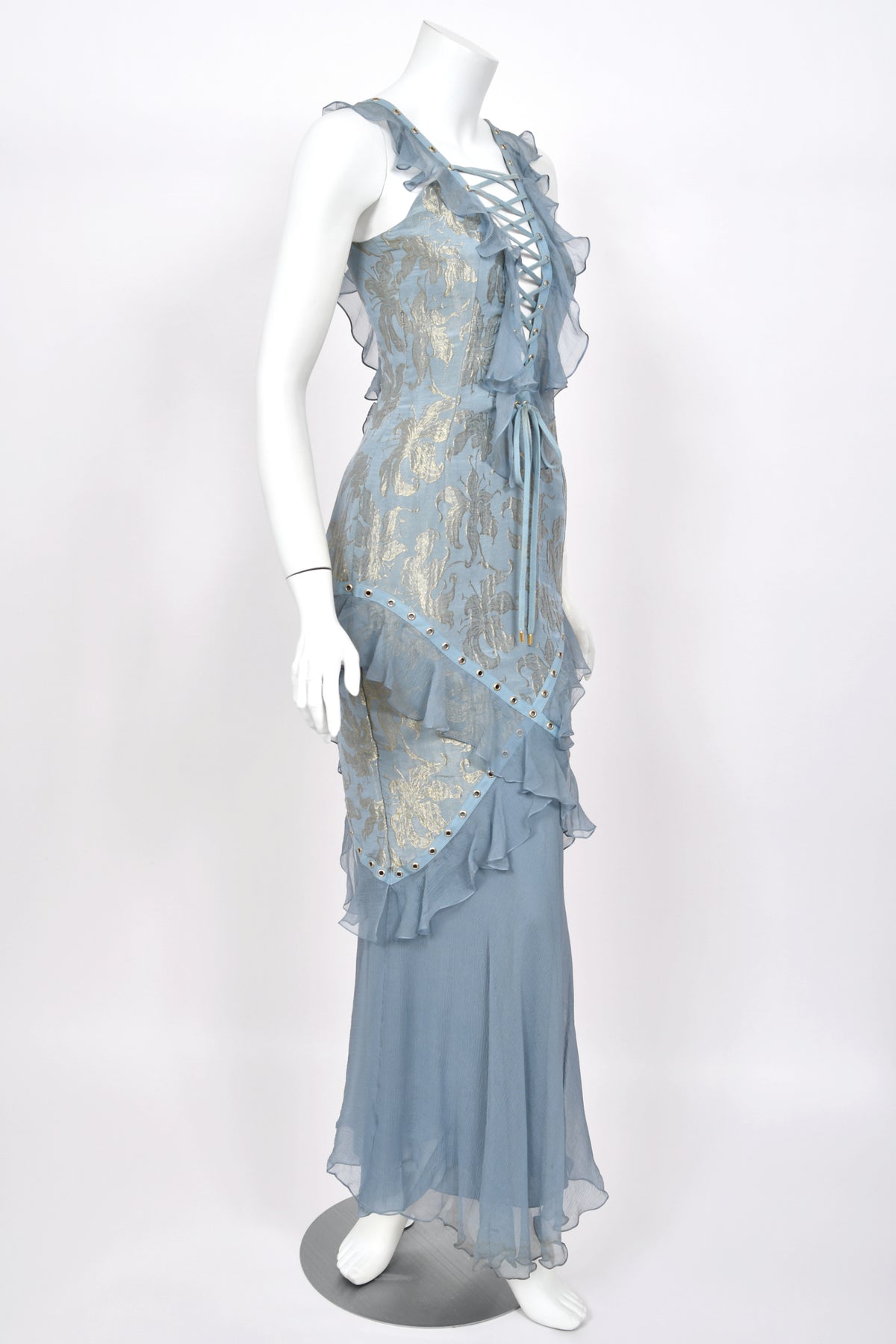 2003 Christian Dior by John Galliano Metallic Powder Blue Floral Silk Brocade Lace Up Bias-Cut Gown