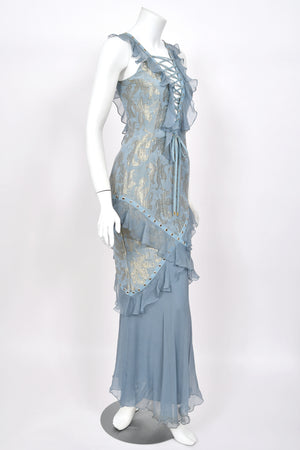 2003 Christian Dior by John Galliano Metallic Powder Blue Floral Silk Brocade Lace Up Bias-Cut Gown