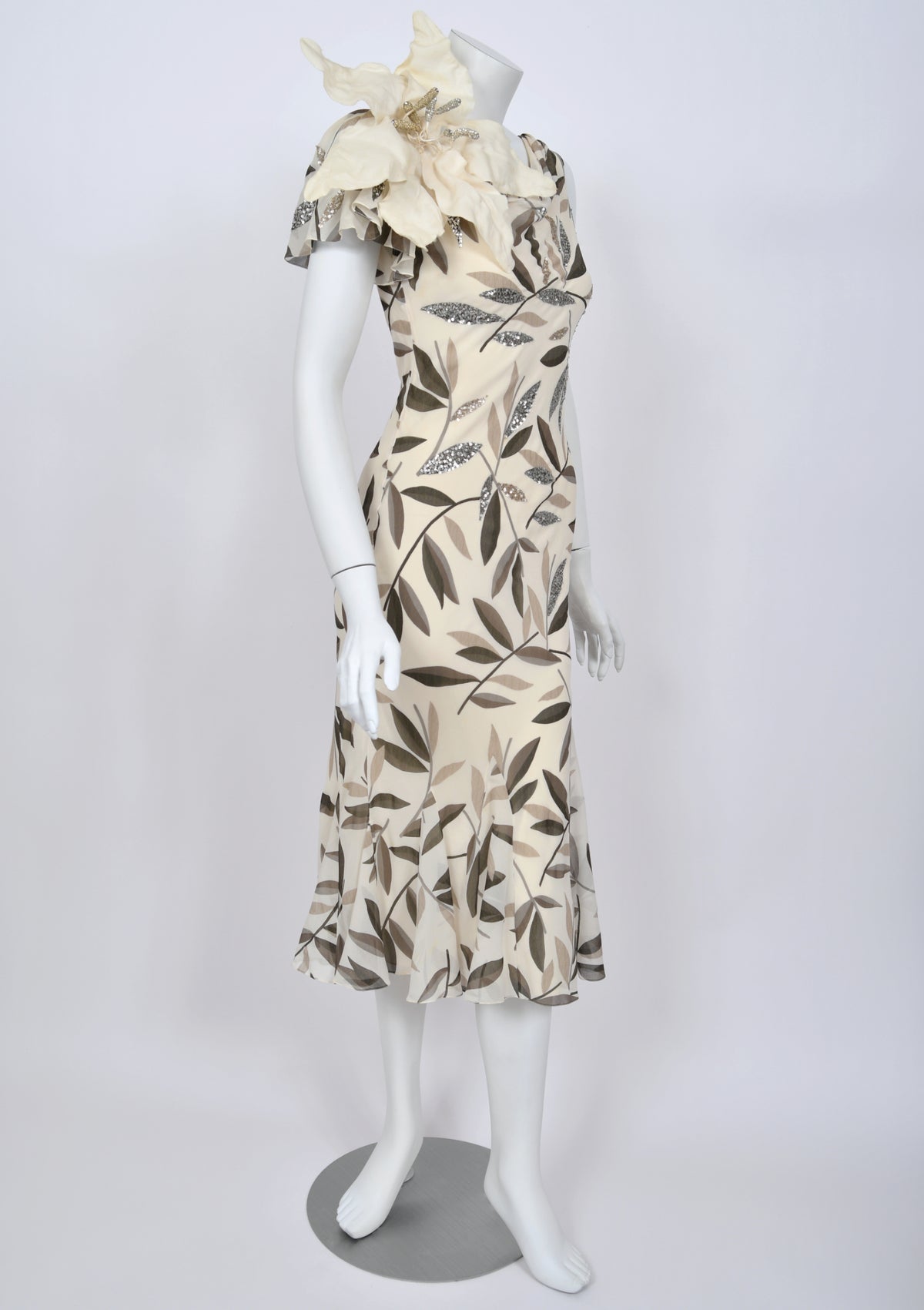 2008 Christian Dior by John Galliano Leaf Motif Sequin Silk Appliqué Bias-Cut Dress