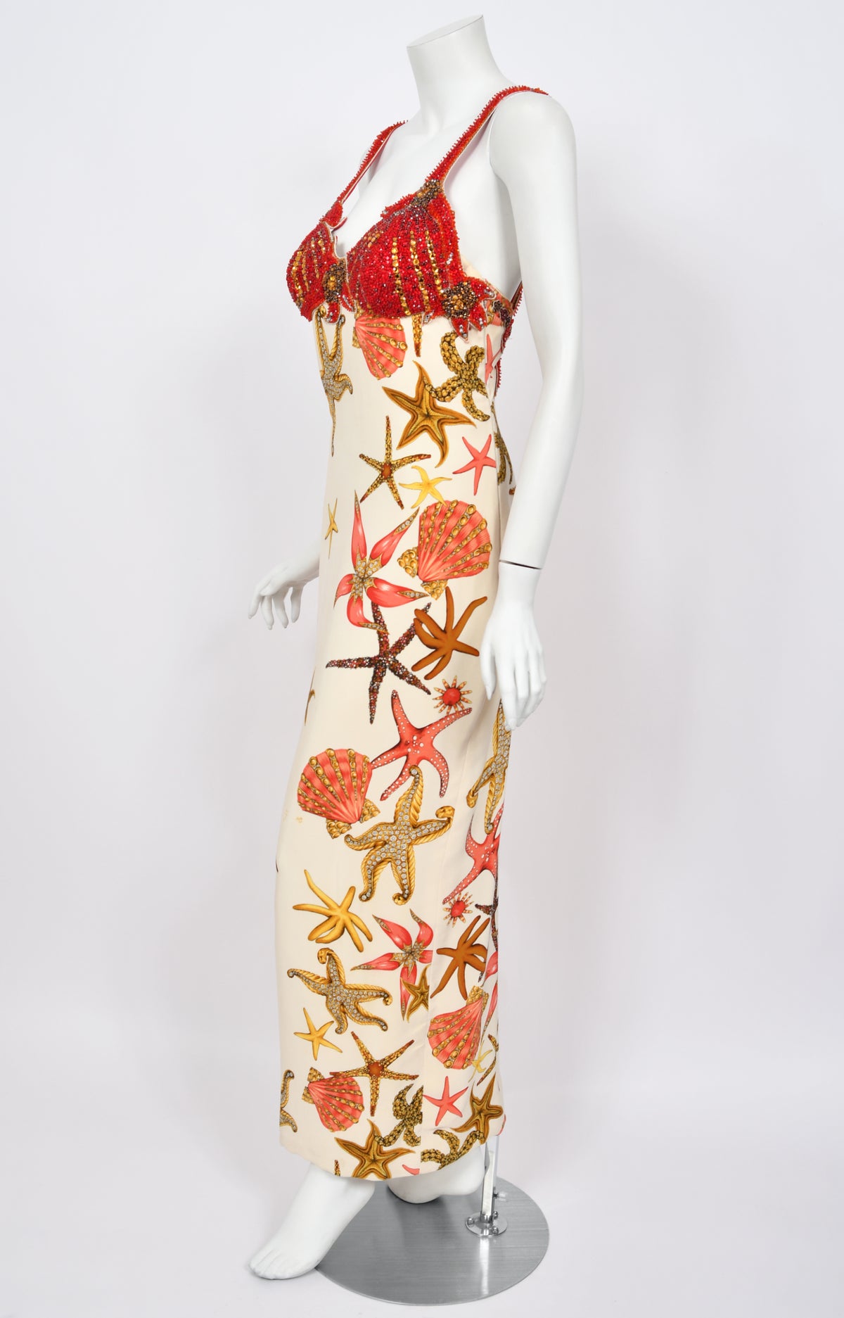 1992 Gianni Versace Iconic Crystal Beaded &#39;Seashell&#39; Print Silk Hourglass Gown