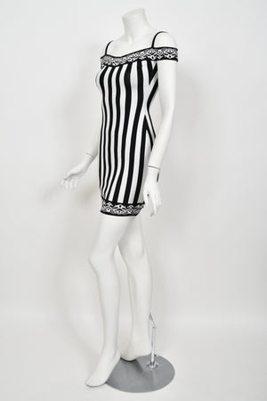 1992 Azzedine Alaia Runway Striped Stretch Knit Cold-Shoulder Bodycon Mini Dress