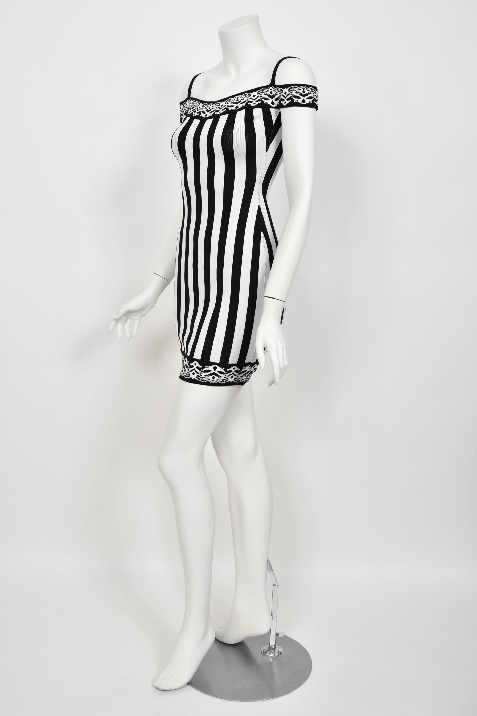 Vintage 1992 Azzedine Alaia Runway Striped Stretch Knit Cold-Shoulder Bodycon Mini Dress - Timeless Vixen Vintage 1992 Azzedine Alaia Runway Striped Stretch Knit Cold-Shoulder Bodycon Mini Dress - Timeless Vixen