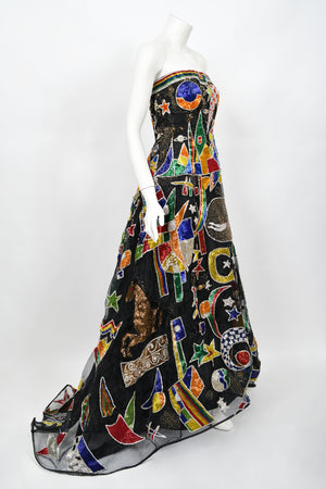 1989 Gianni Versace Haute Couture Beaded Circus Novelty Strapless Gown and Shawl