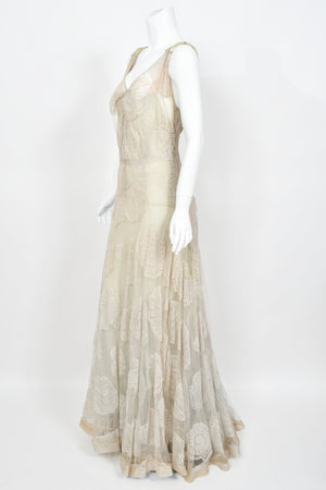 1932 Worth Couture for Elizabeth Arden Sequin Ivory Seashell Motif Lace Gown