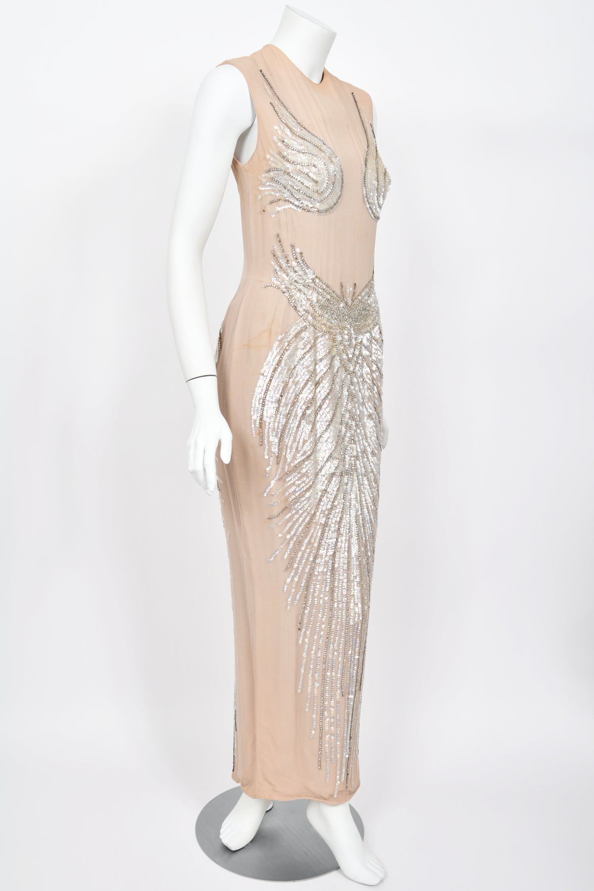 1962 Mr. Blackwell Custom Couture Rhinestone Sequin Wings Nude-Illusion Gown