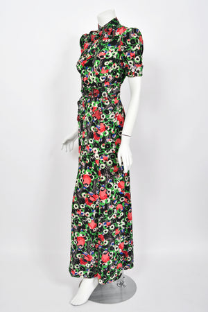 1930's Fashion Originators Guild Rhinestone Studded Floral Silk Neck-Bow Gown