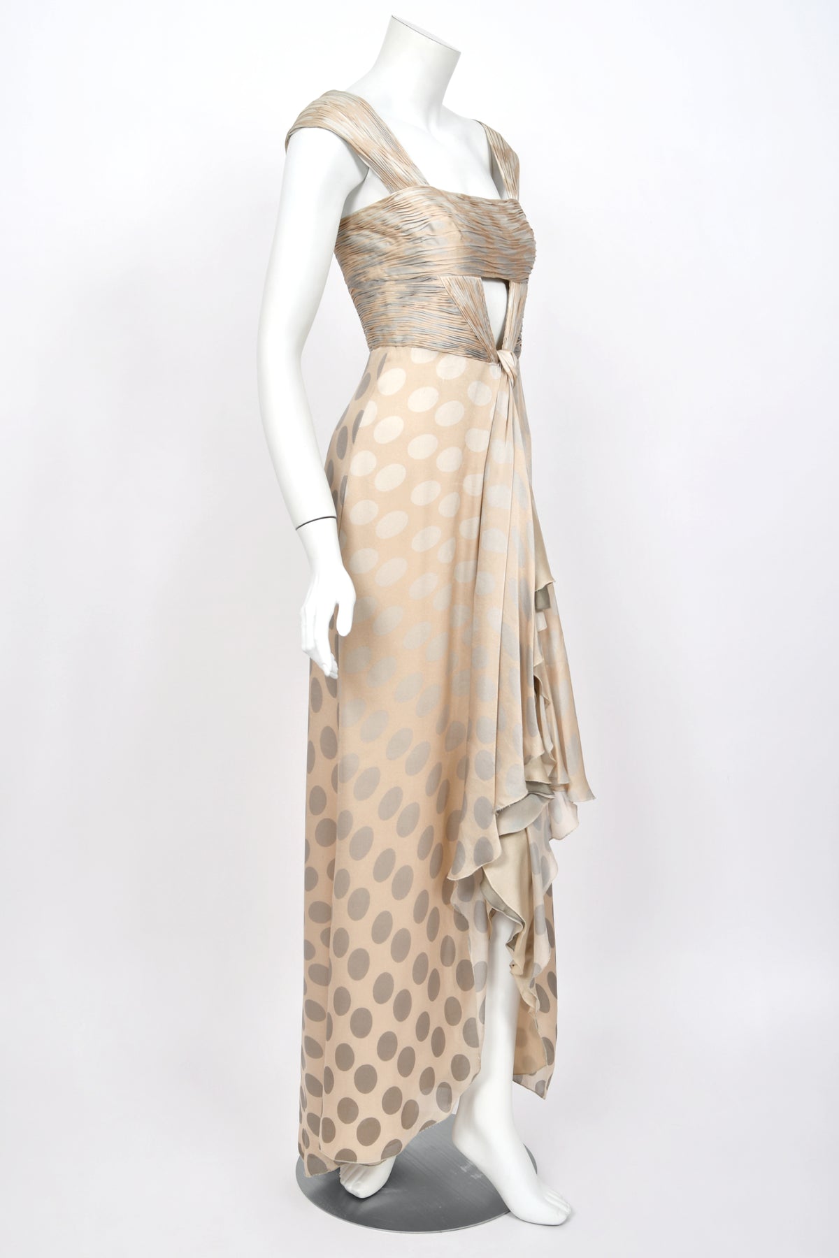 2008 Valentino Runway Polka-Dot Champagne &amp; Silver Silk Ruched Cut-Out Gown