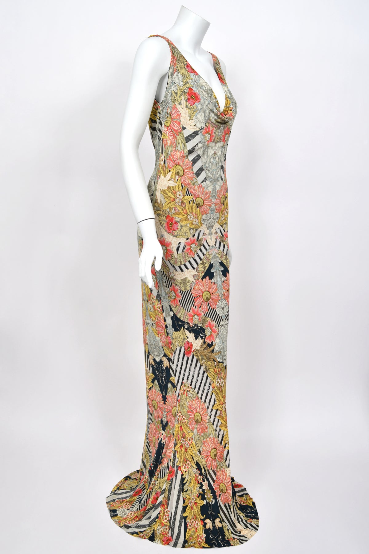 2011 Alexander McQueen 'Folklore Fin' Floral Stripe Print Draped Bias-Cut Gown w/ Shawl