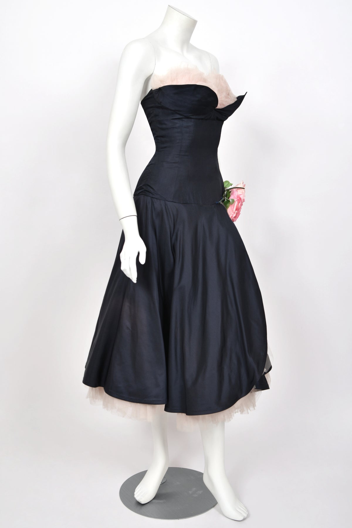 1950's Don Miguel of California Navy Silk &amp; Blush Pink Tulle Ruffle Shelf-Bust Strapless Dress