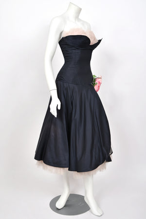 1950's Don Miguel of California Navy Silk & Blush Pink Tulle Ruffle Shelf-Bust Strapless Dress