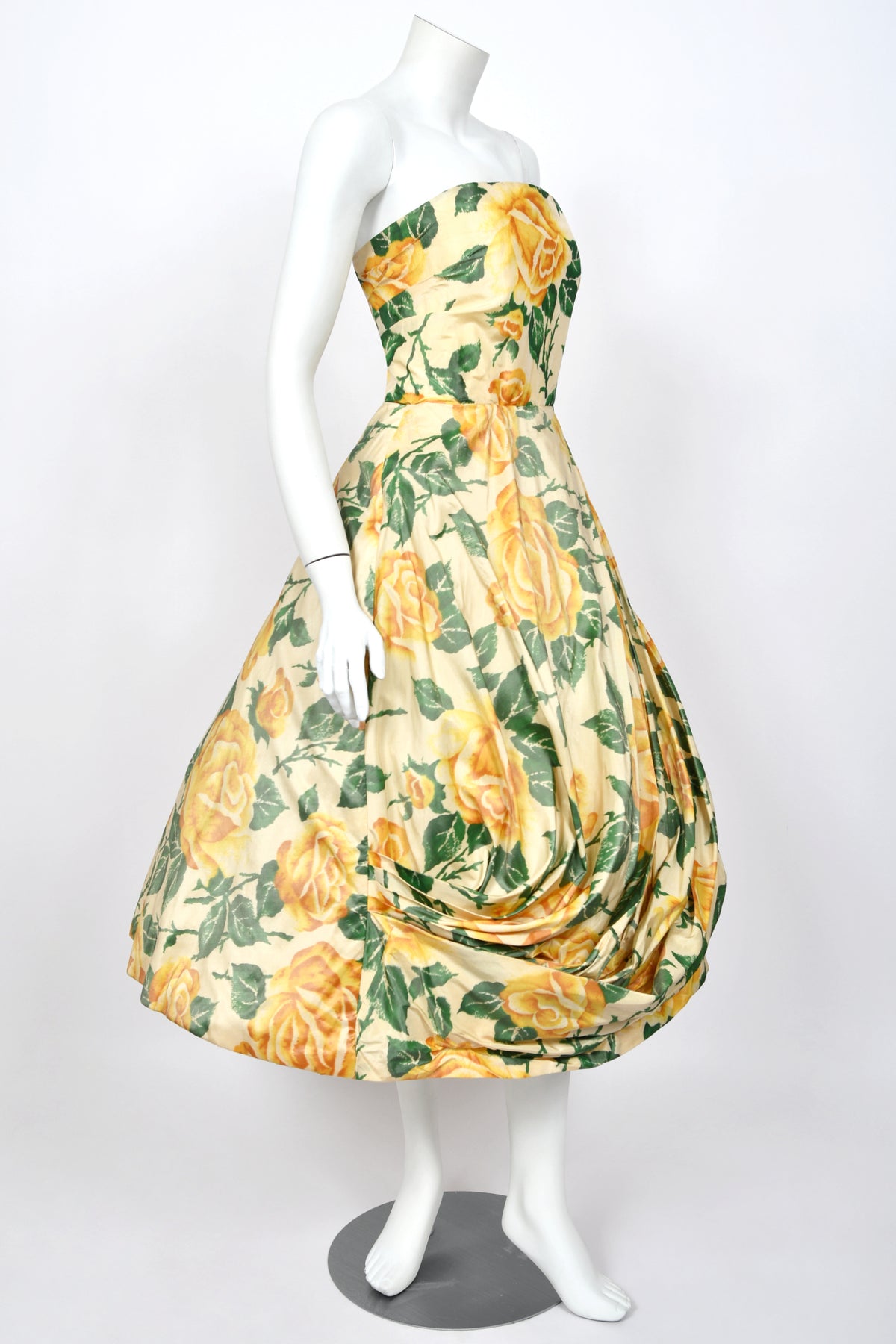1950's Philip Hulitar Couture Yellow Roses Watercolor Silk Strapless Sculpted Party Dress