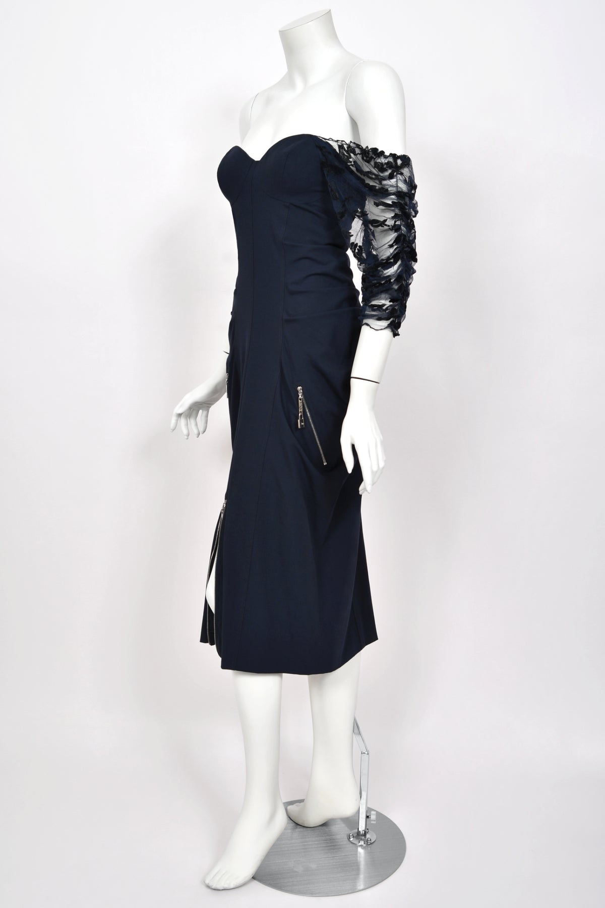 2004 Christian Dior by John Galliano Navy Stretch Silk Sheer-Sleeves Hourglass Dress