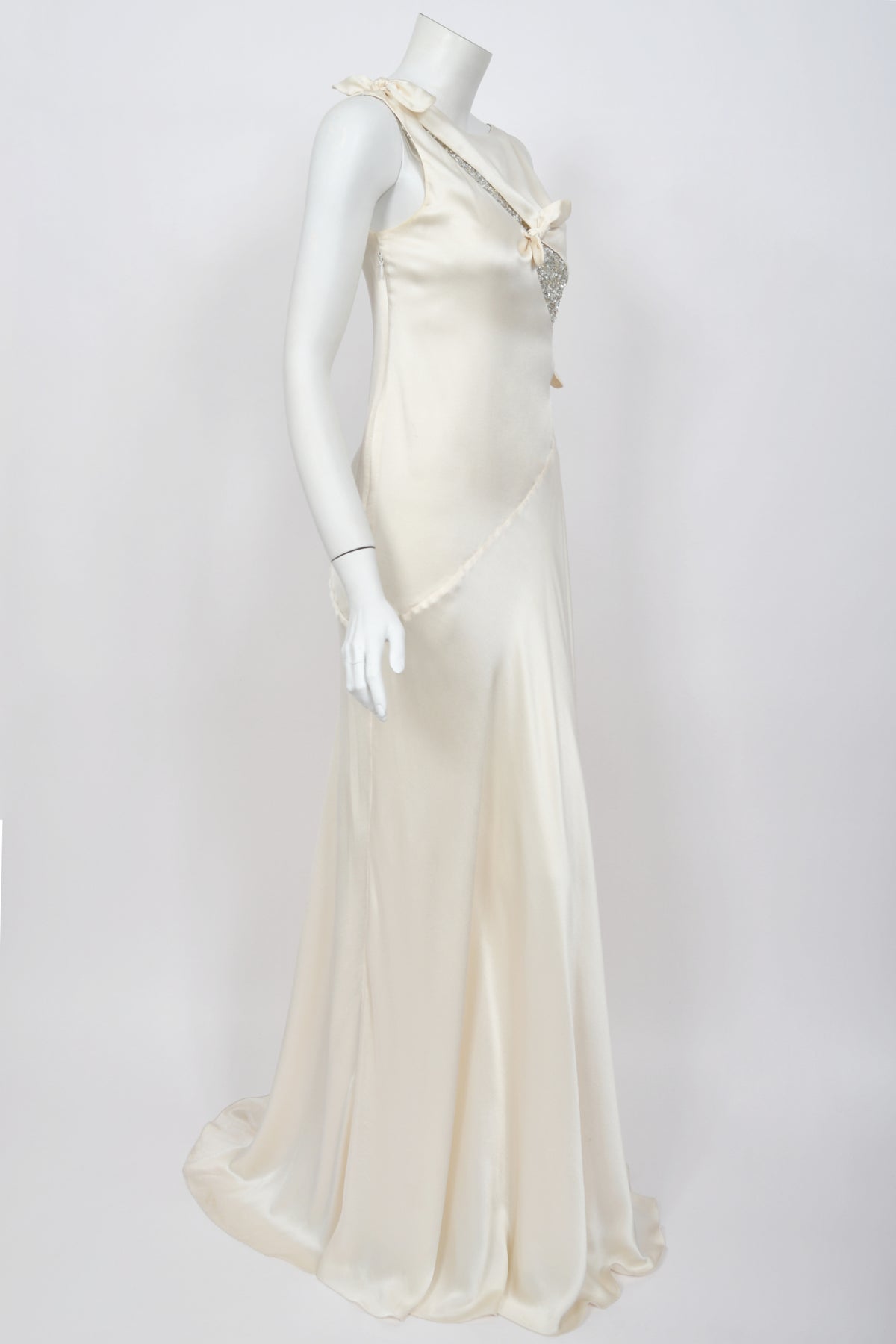 2002 Valentino Candlelight Silk Beaded Sequin Cut Out Ties Draped Bias-Cut Gown