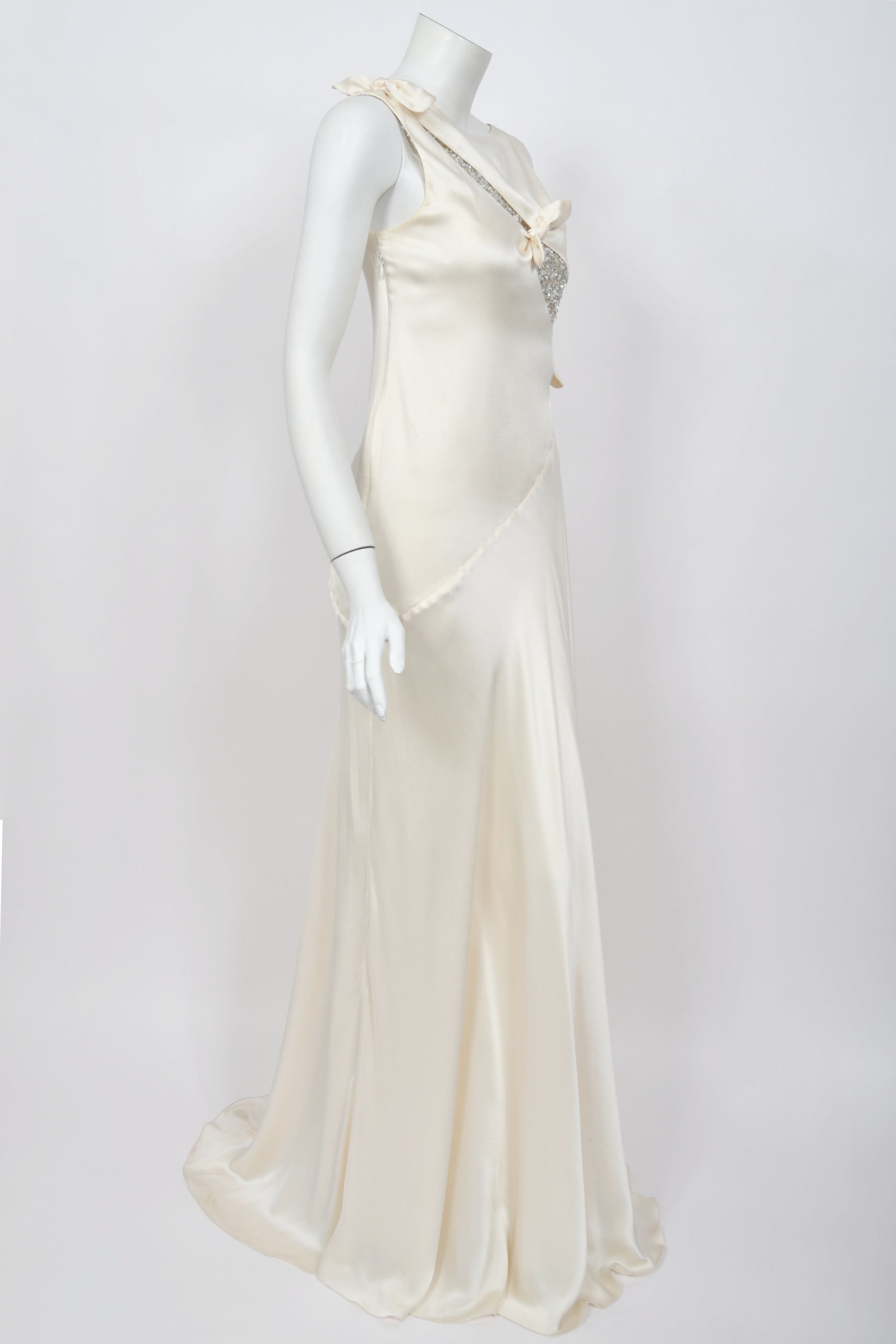 2002 Valentino Ivory Silk Beaded Sequin Cut Out Ties Bias-Cut Gown - Timeless Vixen 2002 Valentino Ivory Silk Beaded Sequin Cut Out Ties Bias-Cut Gown - Timeless Vixen