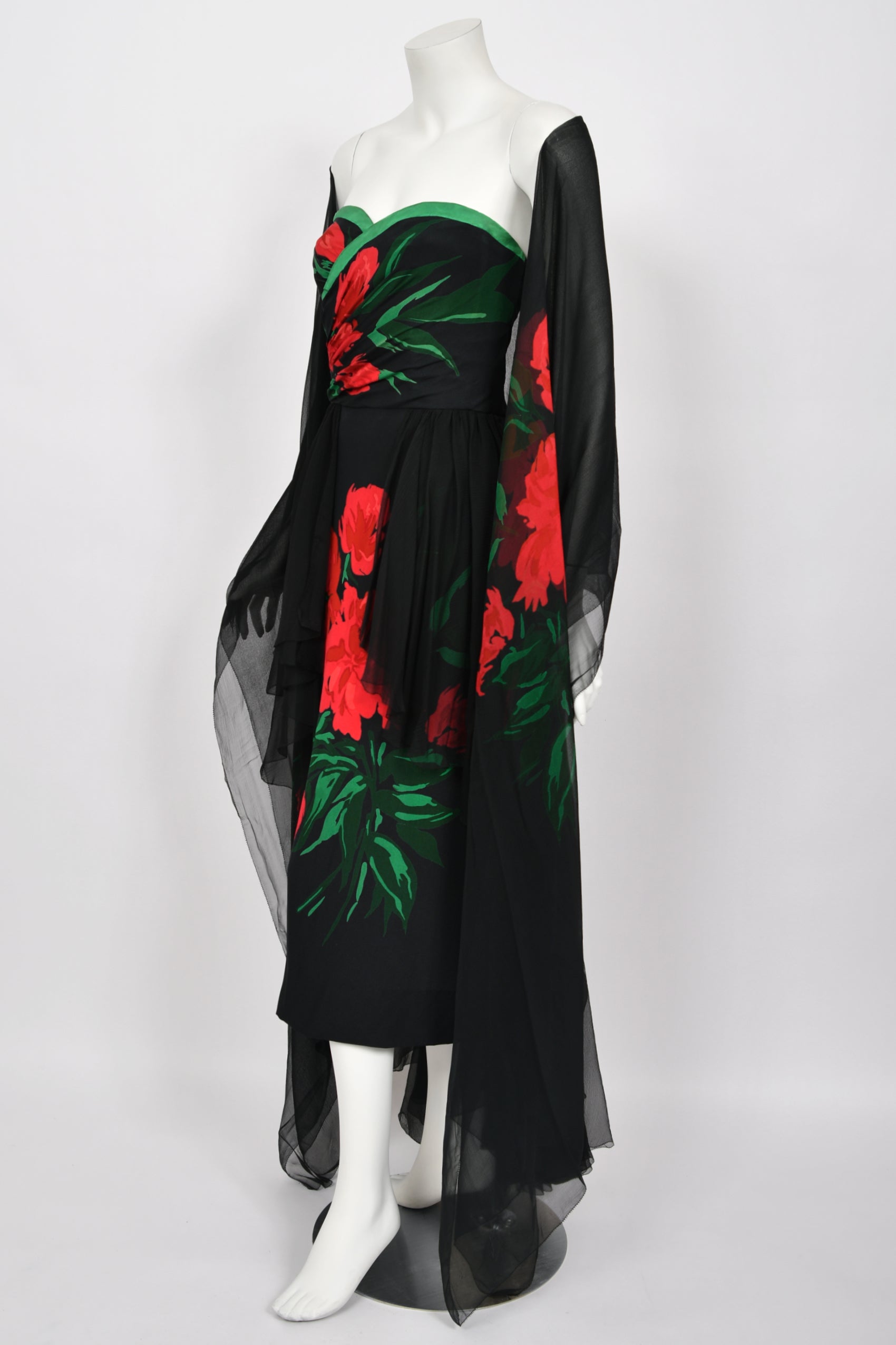 1950's Howard Greer Couture Red Roses Silk Strapless Gown & Shawl 1950's Howard Greer Couture Red Roses Silk Strapless Gown & Shawl