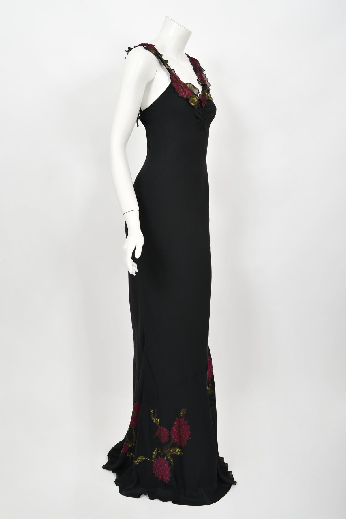 2001 John Galliano Red Chrysanthemum Floral Appliqué Black Silk Chiffon Bias-Cut Gown