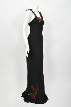 2001 John Galliano Red Chrysanthemum Floral Appliqué Black Silk Chiffon Bias-Cut Gown