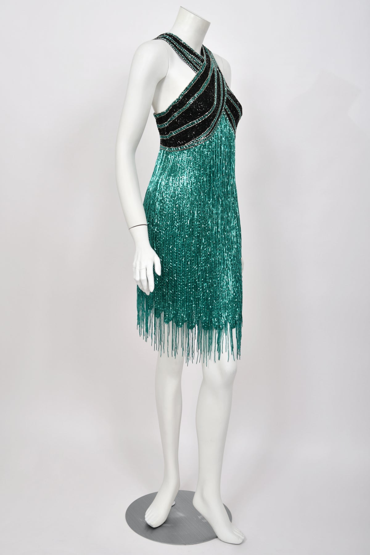 1990 Bob Mackie Teal-Green &amp; Black Beaded Fringe Backless Cocktail Dress