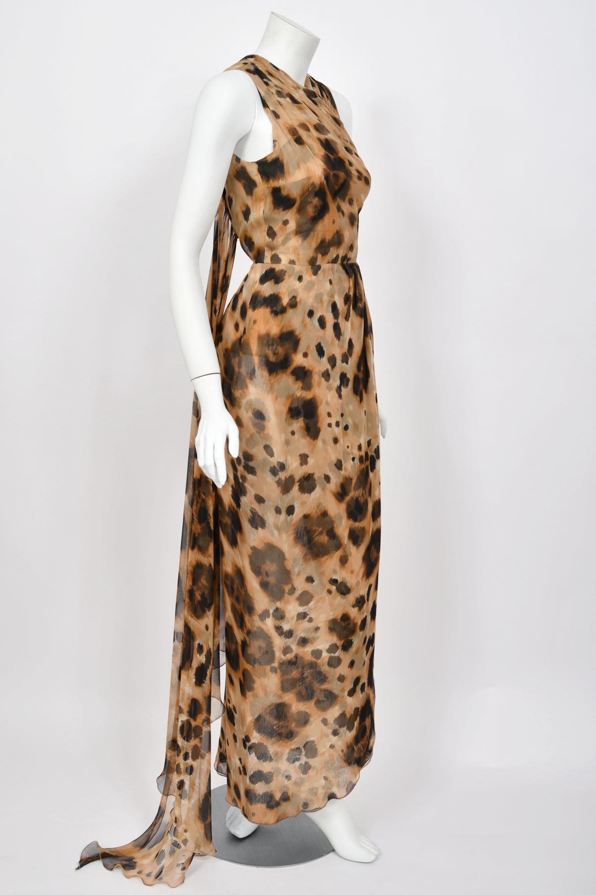 1996 Valentino Runway Editorial Leopard Print Sheer Silk Draped-Sash Gown