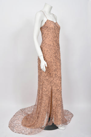 2006 Christian Dior by John Galliano Nude Illusion Floral Lace Trained Lingerie Gown