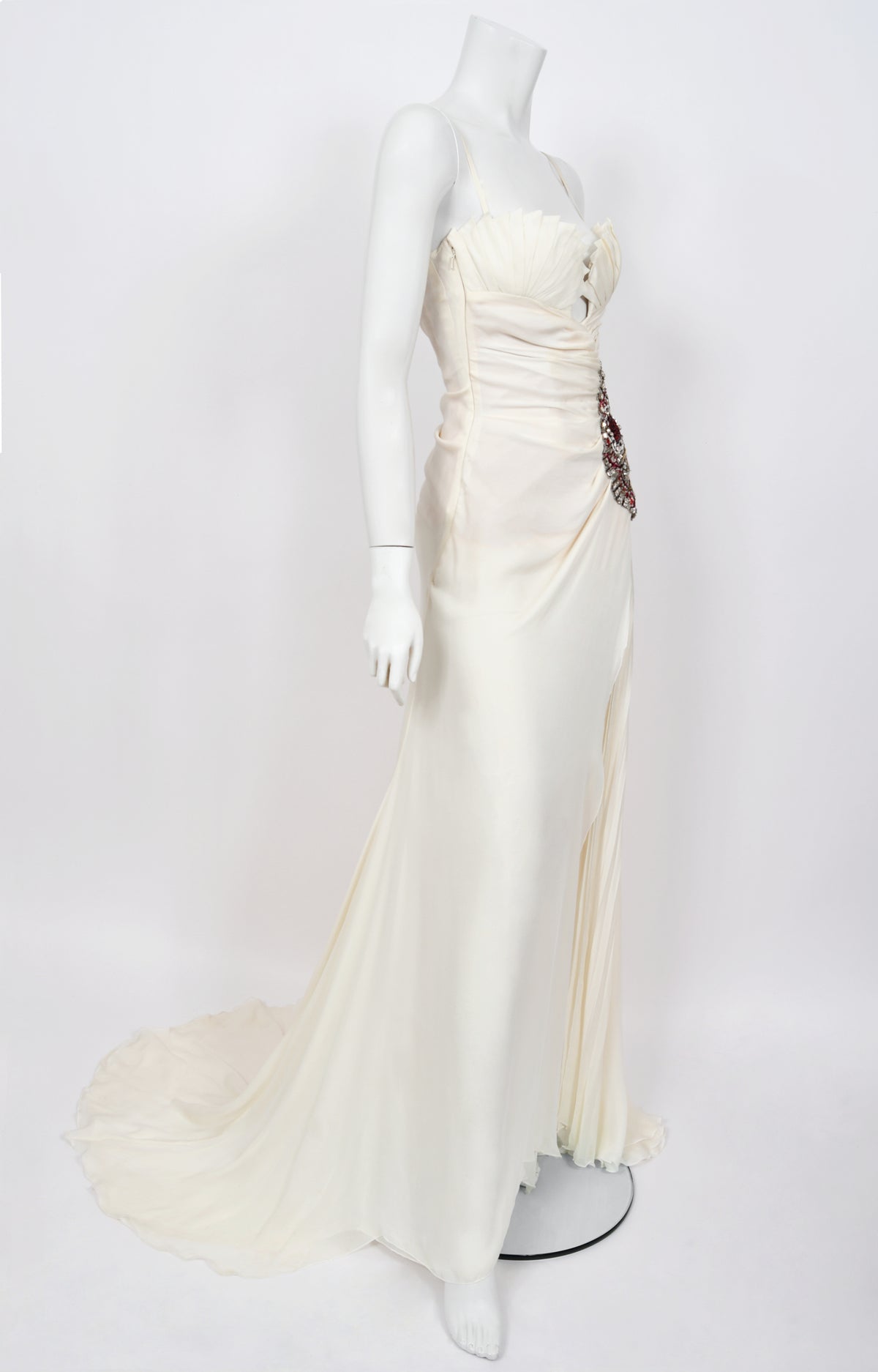 2006 Roberto Cavalli Embellished Ivory Silk Sculptural High-Slit Finale Gown
