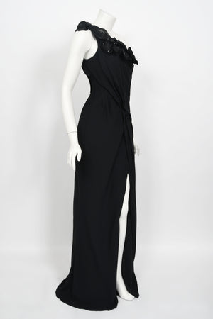 2008 Christian Dior by John Galliano Black Beaded Silk High Slit Bias-Cut Gown