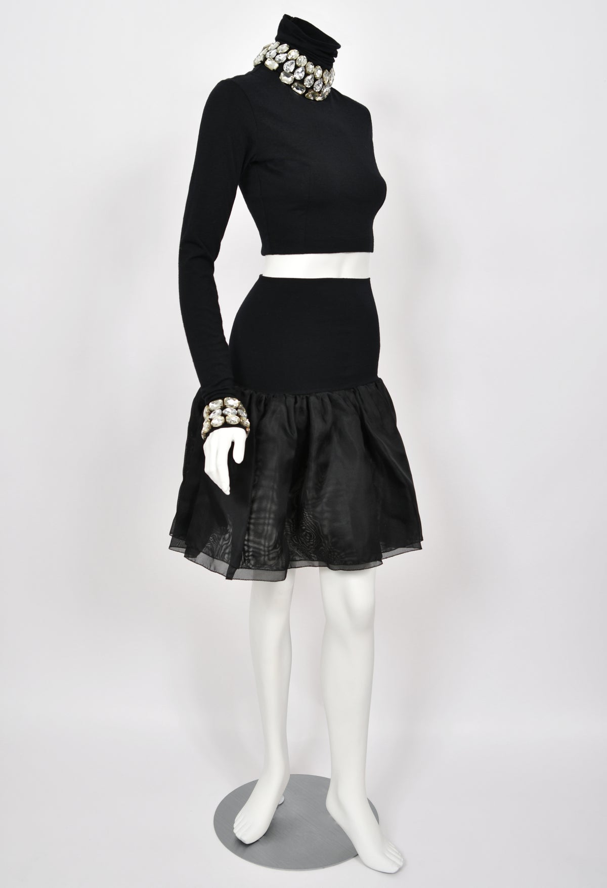 1991 Dolce & Gabbana Runway Crystal Rhinestone Black Crop Top w/ Matching Skirt