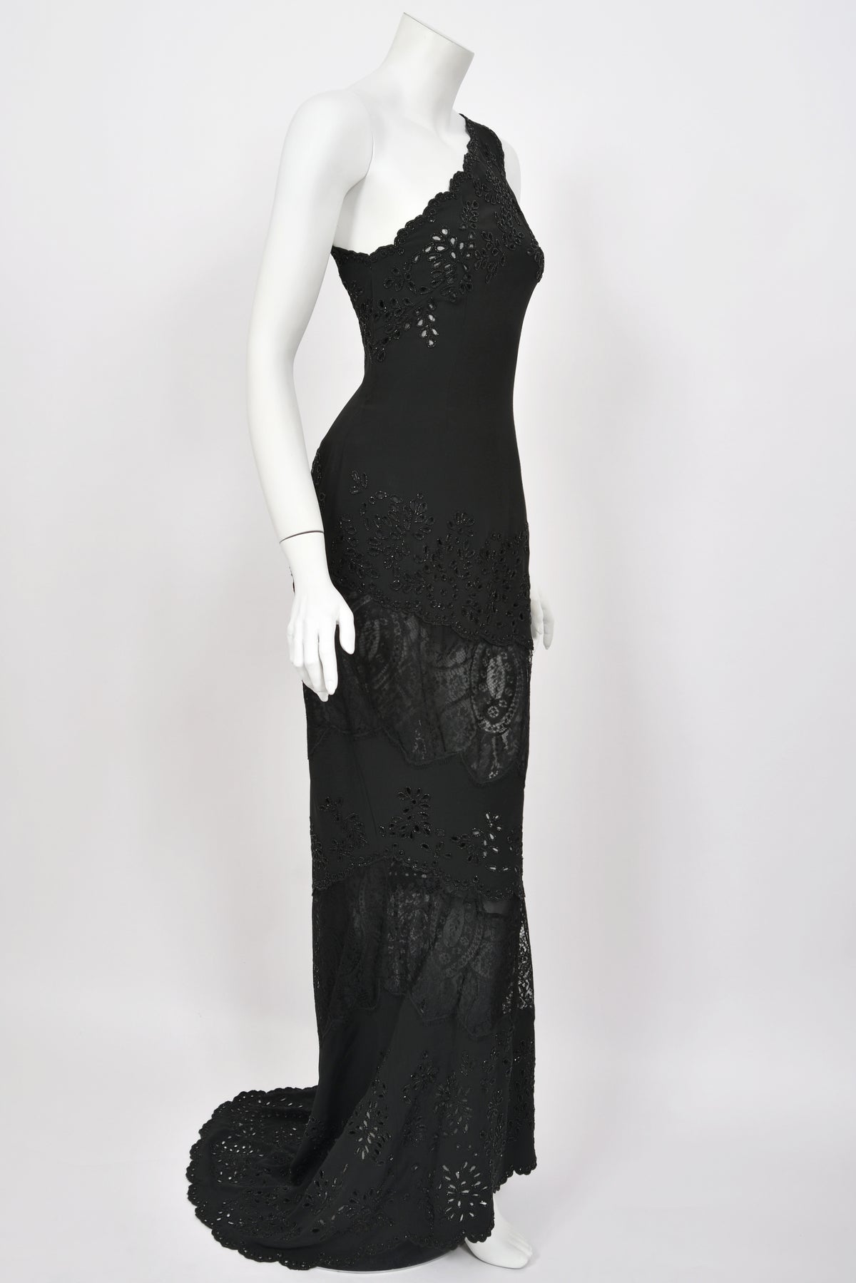 1998 Valentino Runway Black Beaded Cut-Out Silk &amp; Sheer Lace Bias-Cut Gown