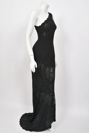 1998 Valentino Runway Black Beaded Cut-Out Silk & Sheer Lace Bias-Cut Gown