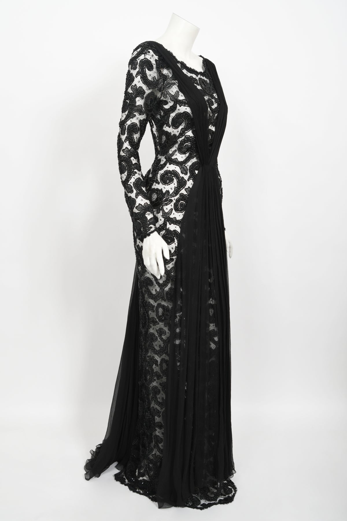 1998 Hanae Mori Haute Couture Beaded Sheer Lace &amp; Chiffon Hourglass Gown