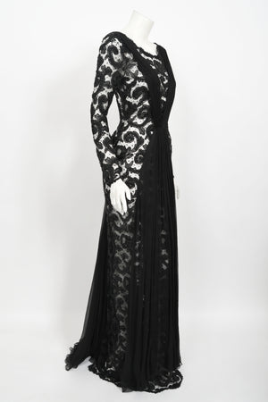 1998 Hanae Mori Haute Couture Beaded Sheer Lace & Chiffon Hourglass Gown