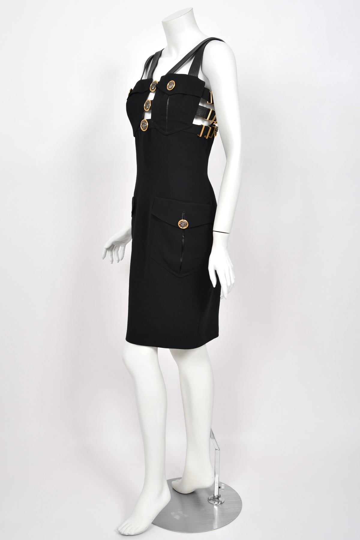 1992 Gianni Versace 'Miss S&M' Runway Collection Black Leather Bondage Wool Dress
