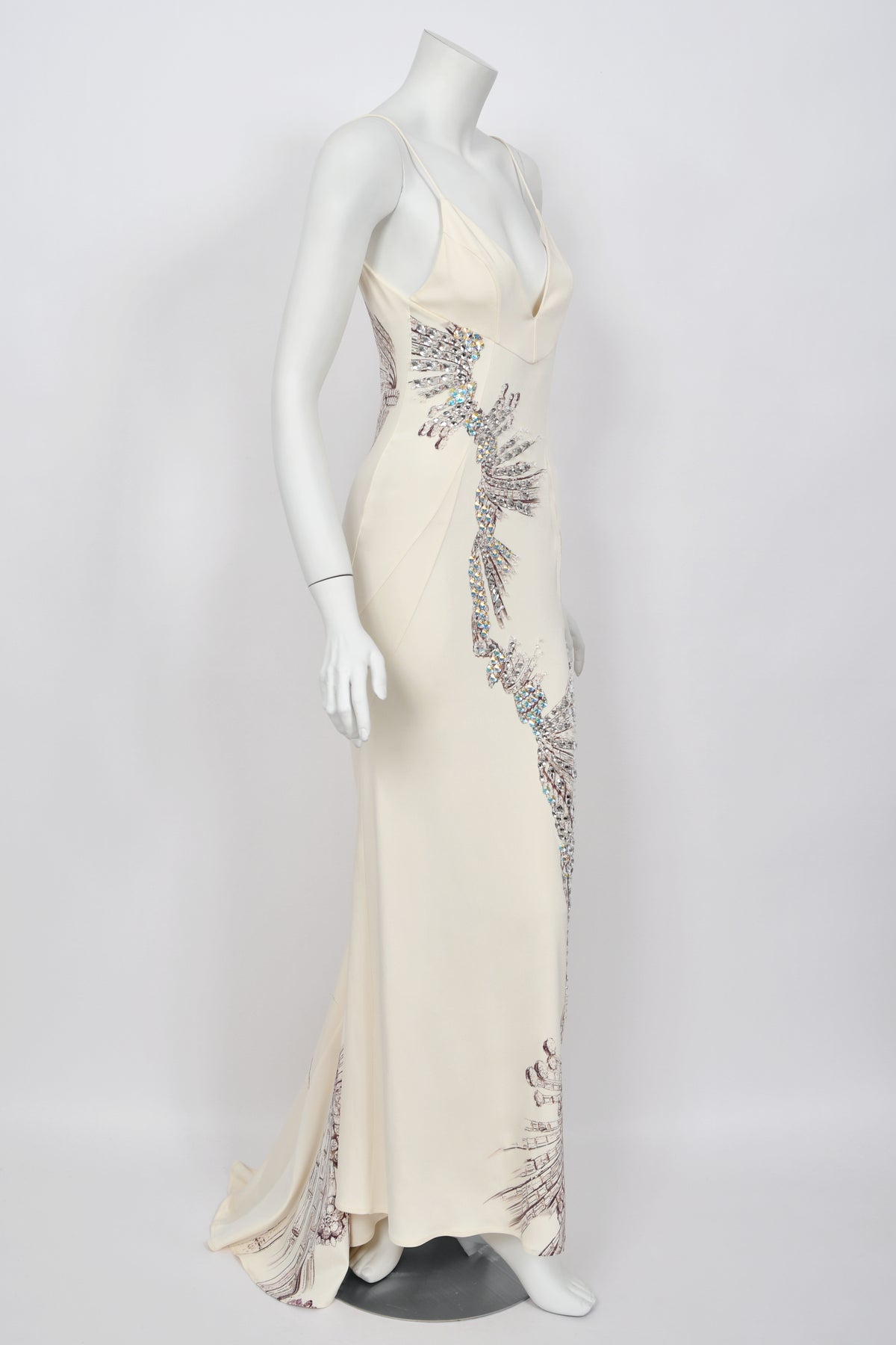 2002 Roberto Cavalli Runway Ivory Jeweled Stretch Silk Trained &#39;Cindy Crawford&#39; Gown