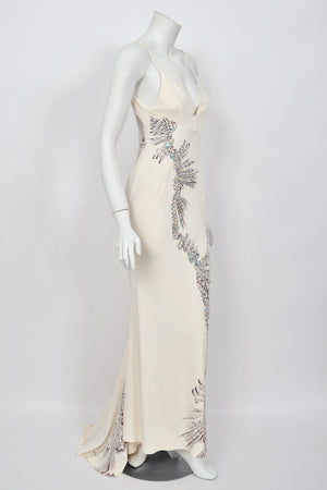 2002 Roberto Cavalli Runway Ivory Jeweled Stretch Silk Trained 'Cindy Crawford' Gown