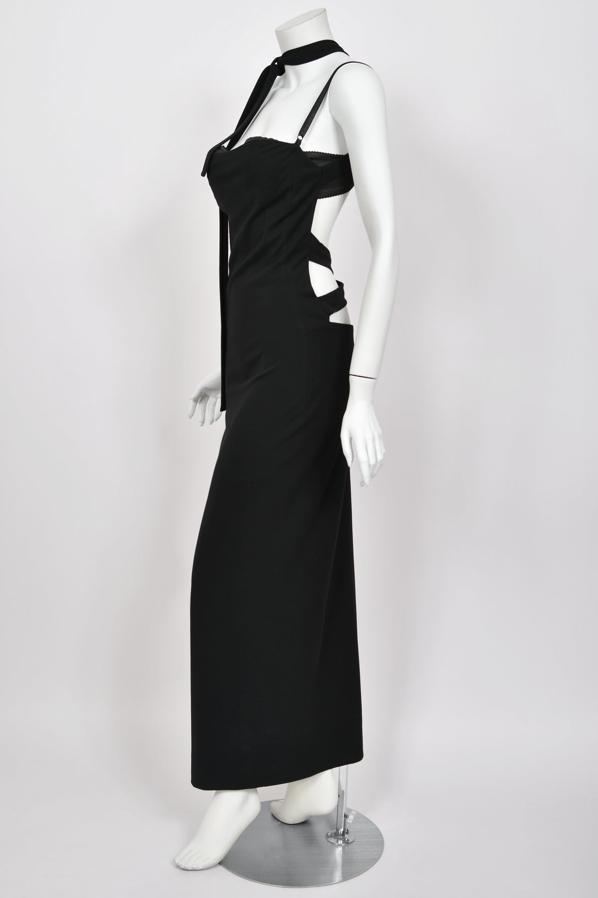 2001 Dolce &amp; Gabbana Black Built-In Bra Necktie Straps Backless Gown