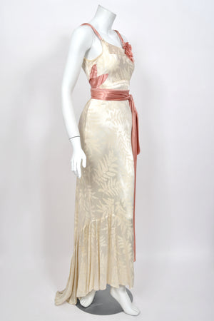 1930’s Ivory Leaf Motif & Blush Pink Silk Satin Floral Appliqué Bias-Cut Trained Couture Gown